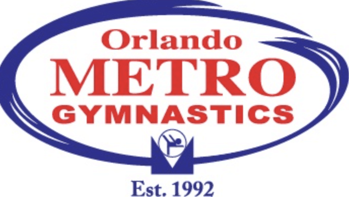 Orlando Metro Gymnastics logo: red 'METRO GYMNASTICS' text inside a blue oval swoosh, with 'Orlando' above and 'Est. 1992' below.
